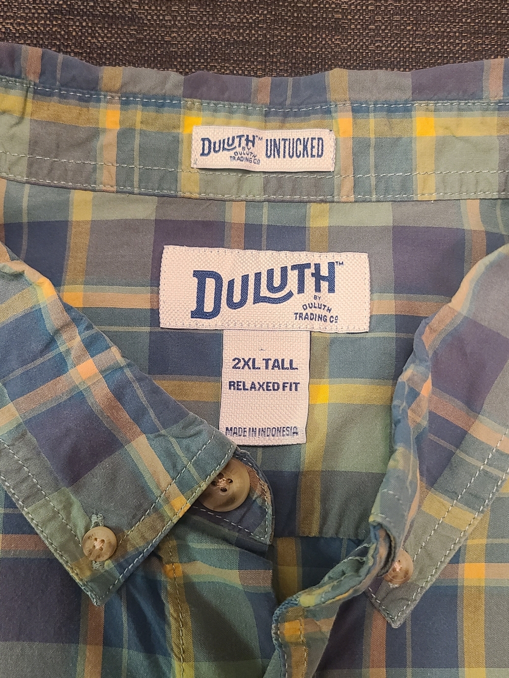 Duluth Trading Shirt Mens 2XL Tall Blue Green Plaid Relaxed Fit Untucked